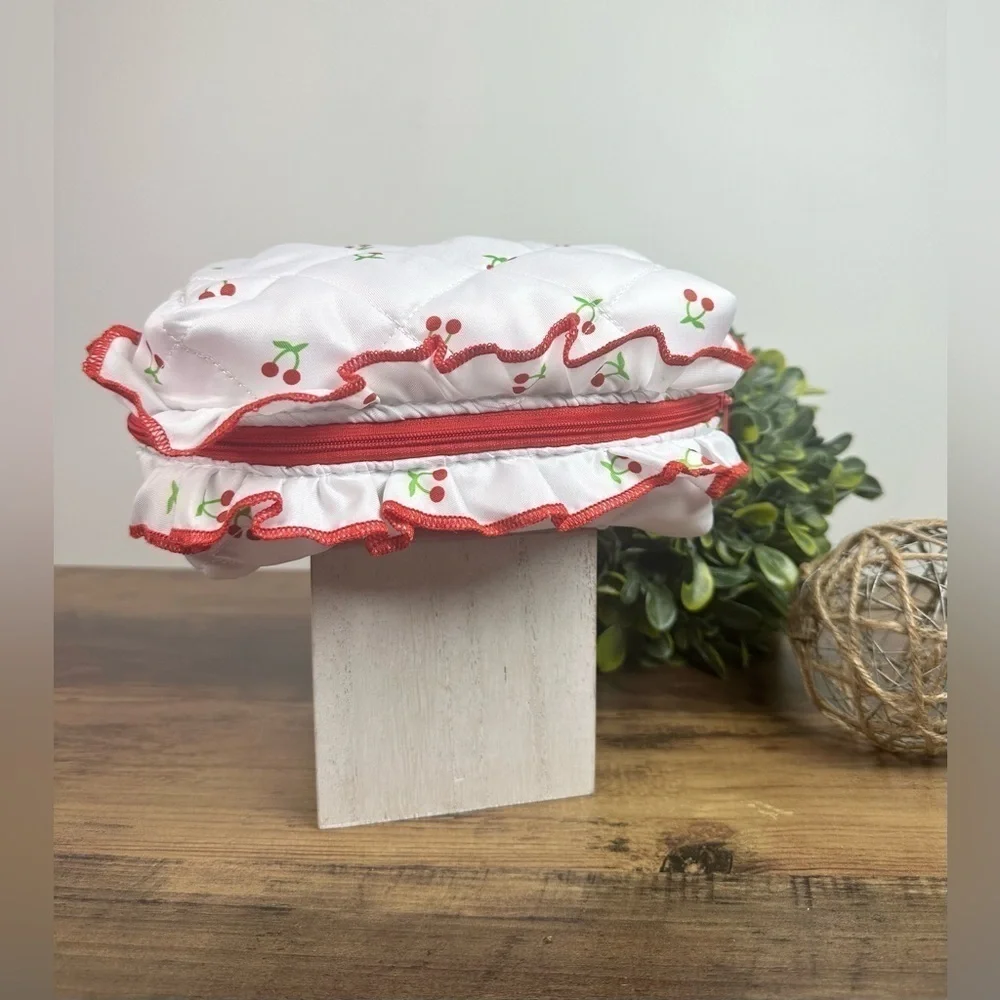 Quilted Ruffled Makeup Cosmetics Toiletries Bag with Cherries